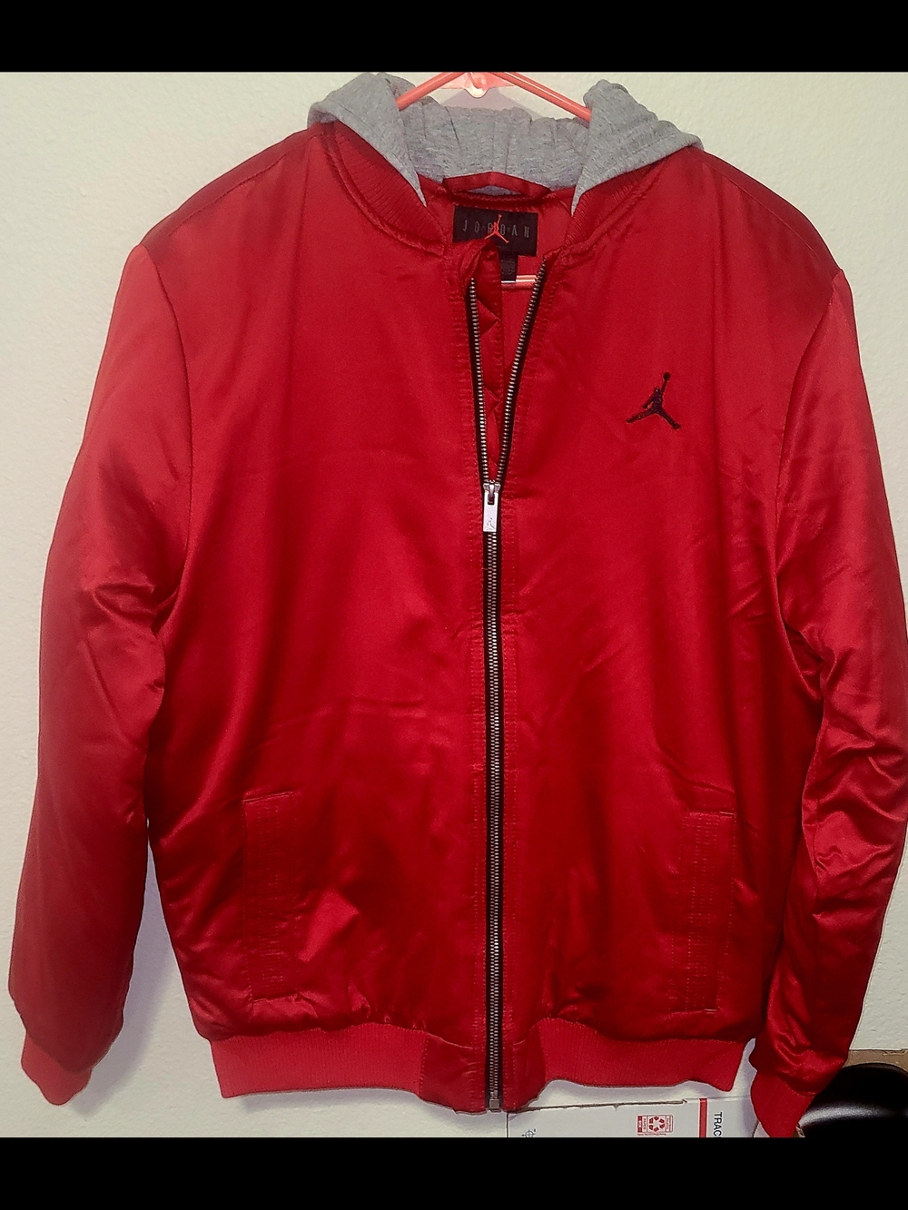 Jordan Red Satin Boys Jacket with Gray Hood